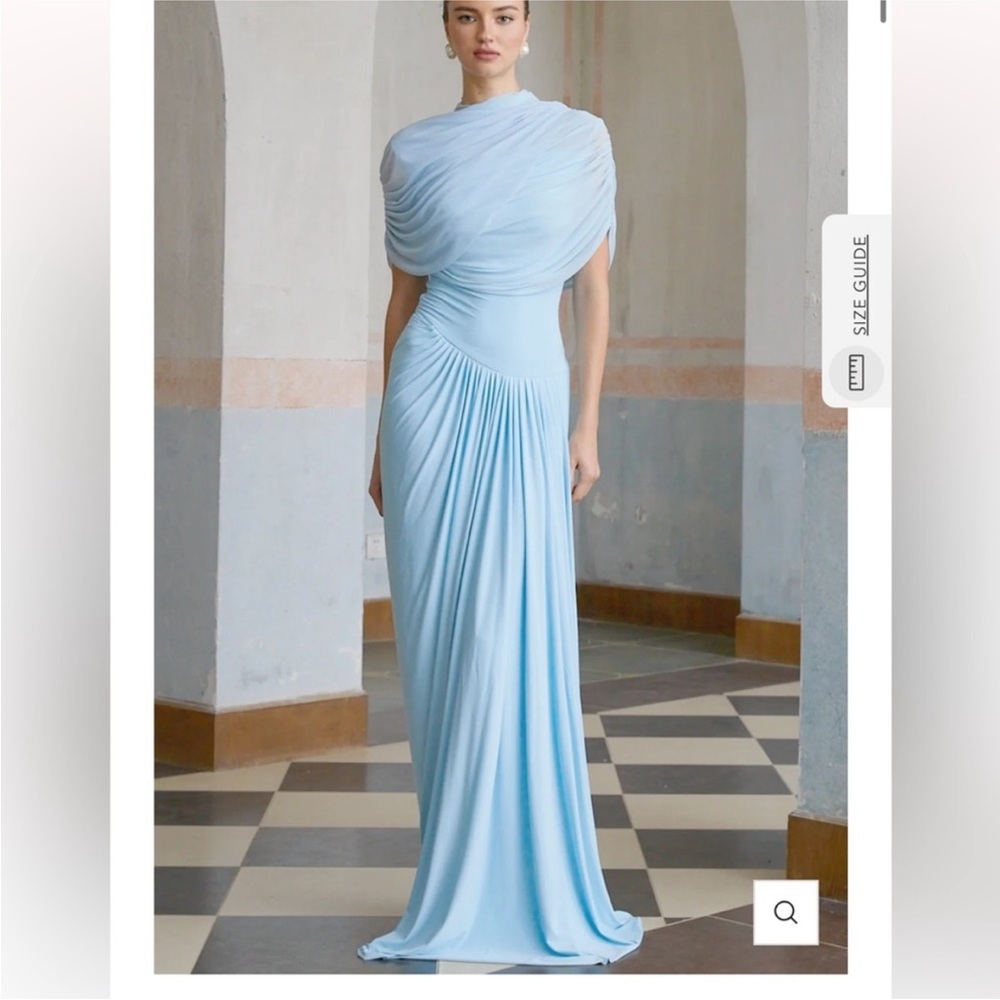Miss Rosier Blue Asymmetrical Draped and Ruched Gown with Sleeves